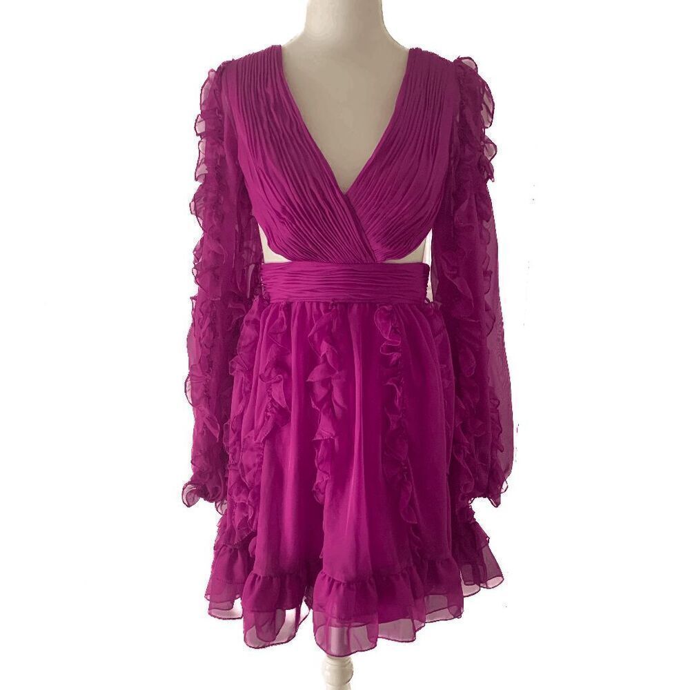 Mac Duggal Ieena Long Sleeve Chiffon Cut Out Ruffle Mini Dress Size 2 Magenta